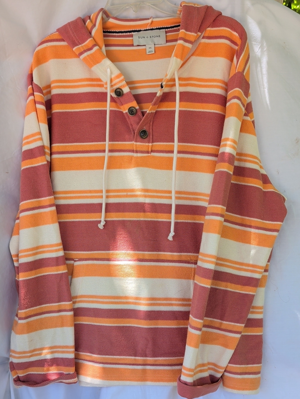Sun + Stone Striped Hooded Pullover in Cream, Orange, Rose